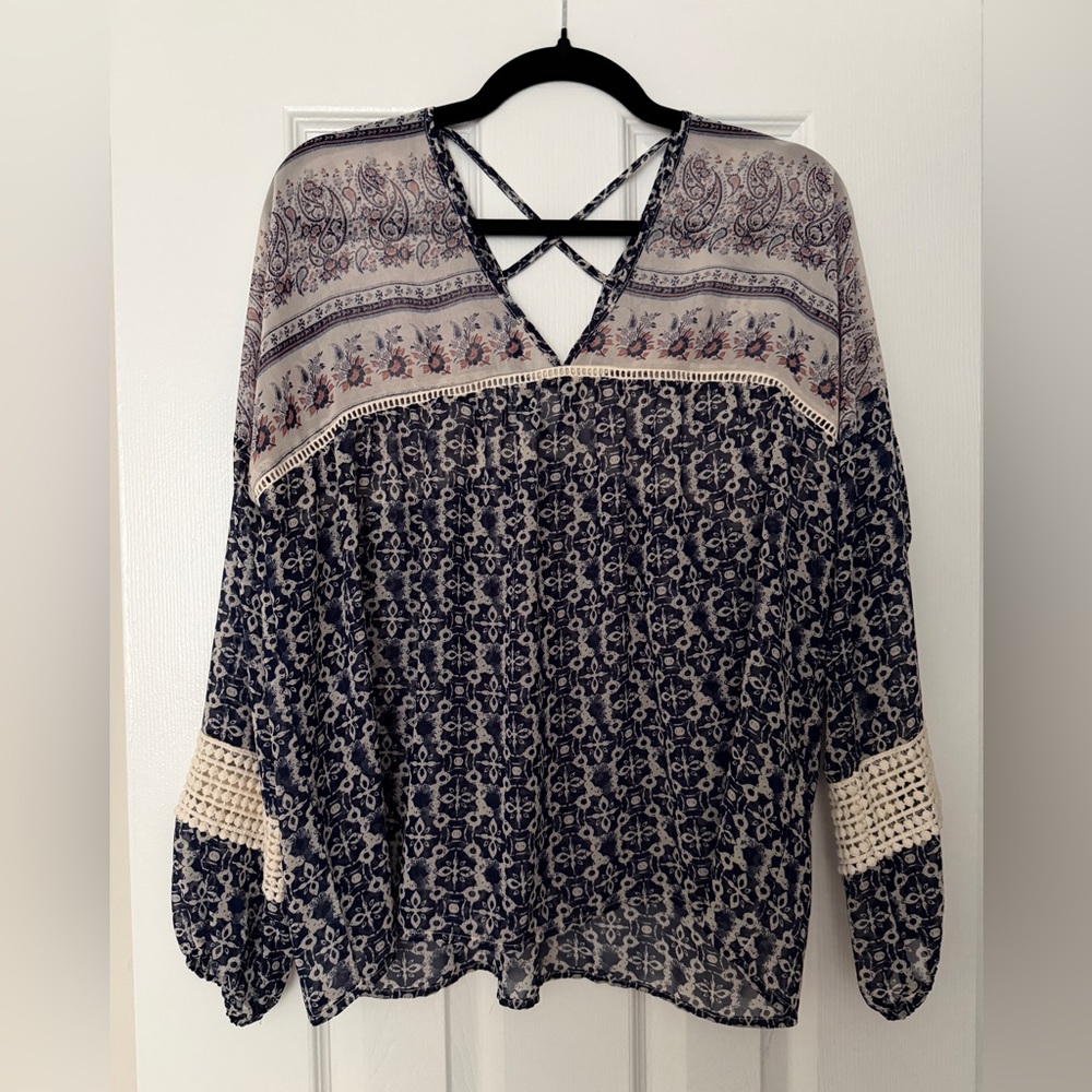 Maurices Navy and Cream Patterned Blouse